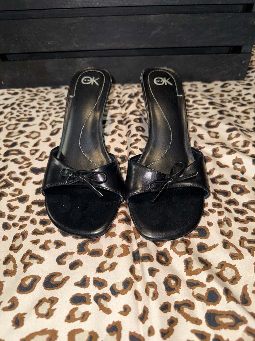 It's OK Black Kitten Heel Mules Bow Sandals